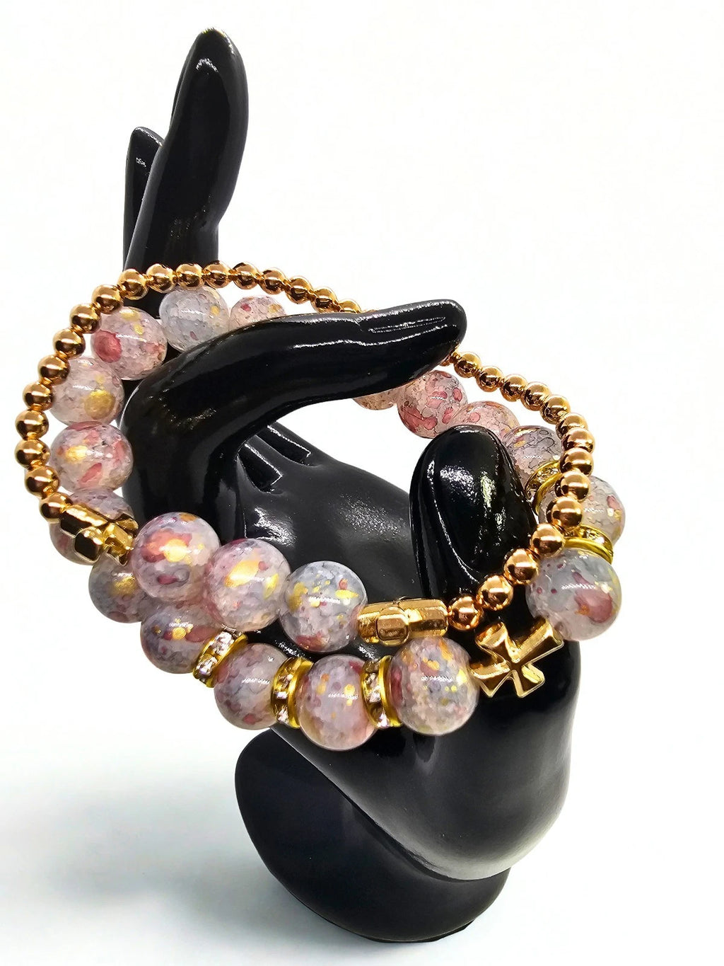Gold Tone Pink Round Beaded Stretch Bracelet w/ Cross Charm 7"