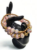 Gold Tone Pink Round Beaded Stretch Bracelet w/ Cross Charm 7"