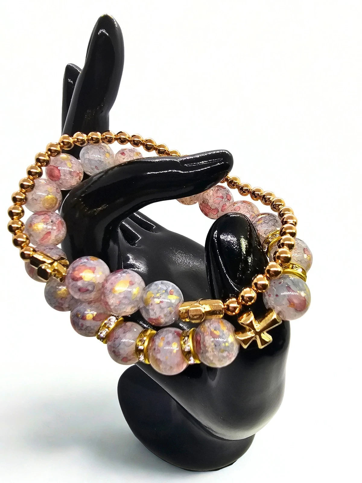 Gold Tone Pink Round Beaded Stretch Bracelet w/ Cross Charm 7"