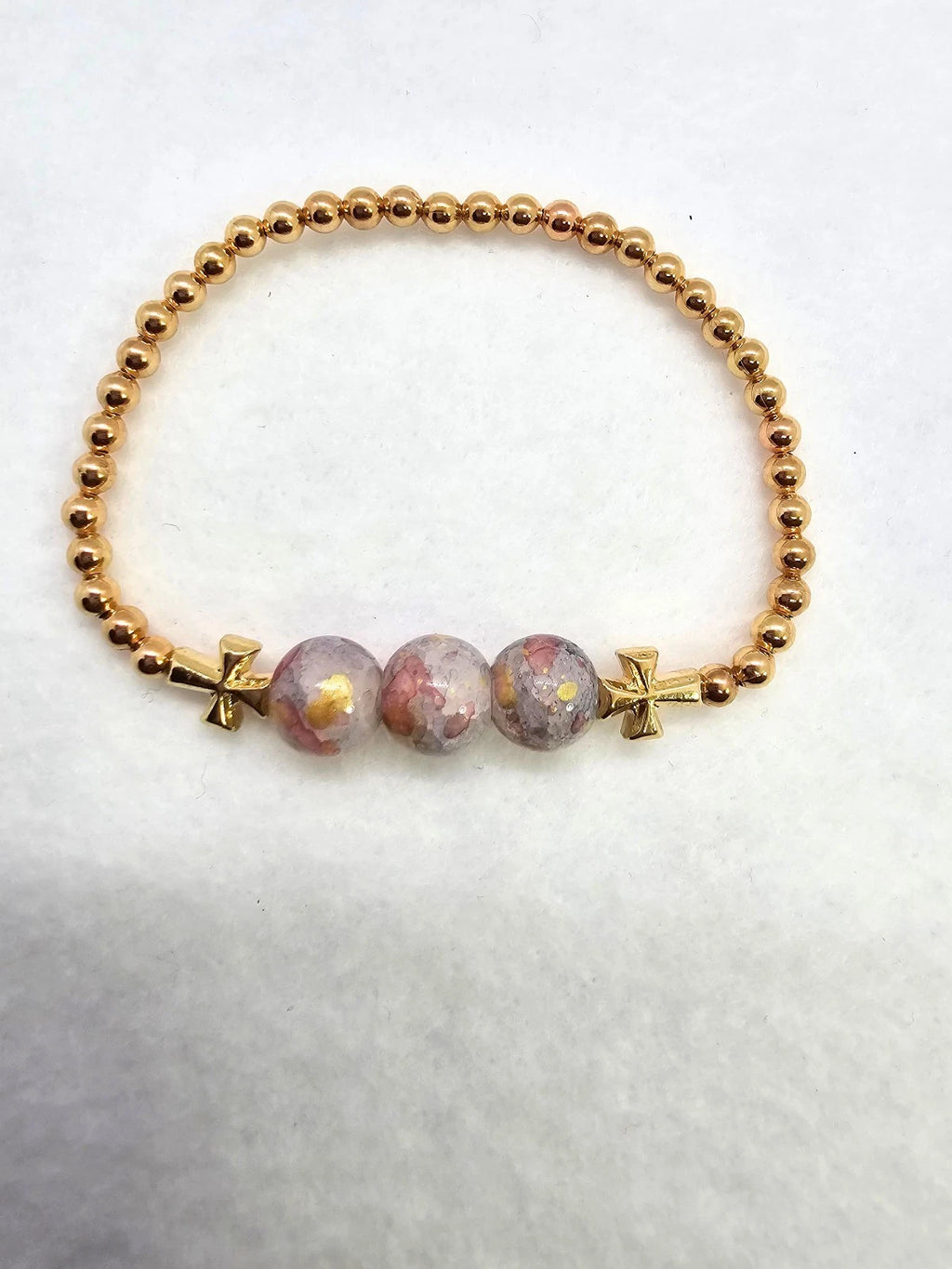 Gold Tone Pink Round Beaded Stretch Bracelet w/ Cross Charm 7"