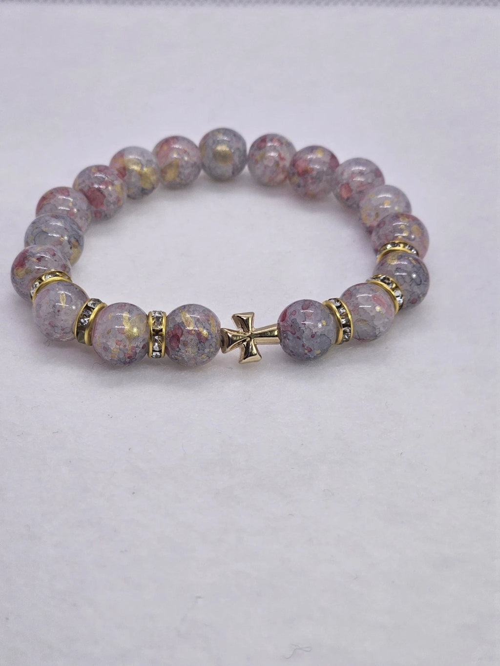 Gold Tone Pink Round Beaded Stretch Bracelet w/ Cross Charm 7"