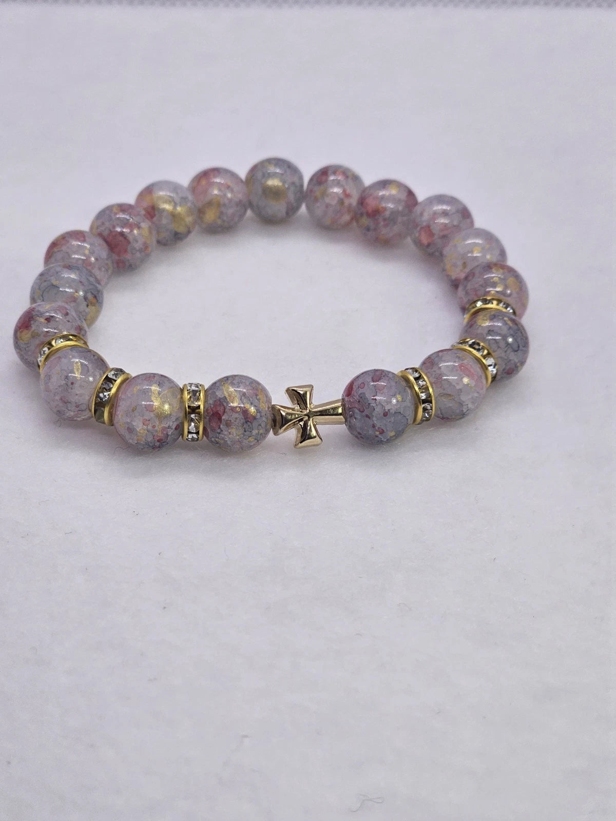 Gold Tone Pink Round Beaded Stretch Bracelet w/ Cross Charm 7"