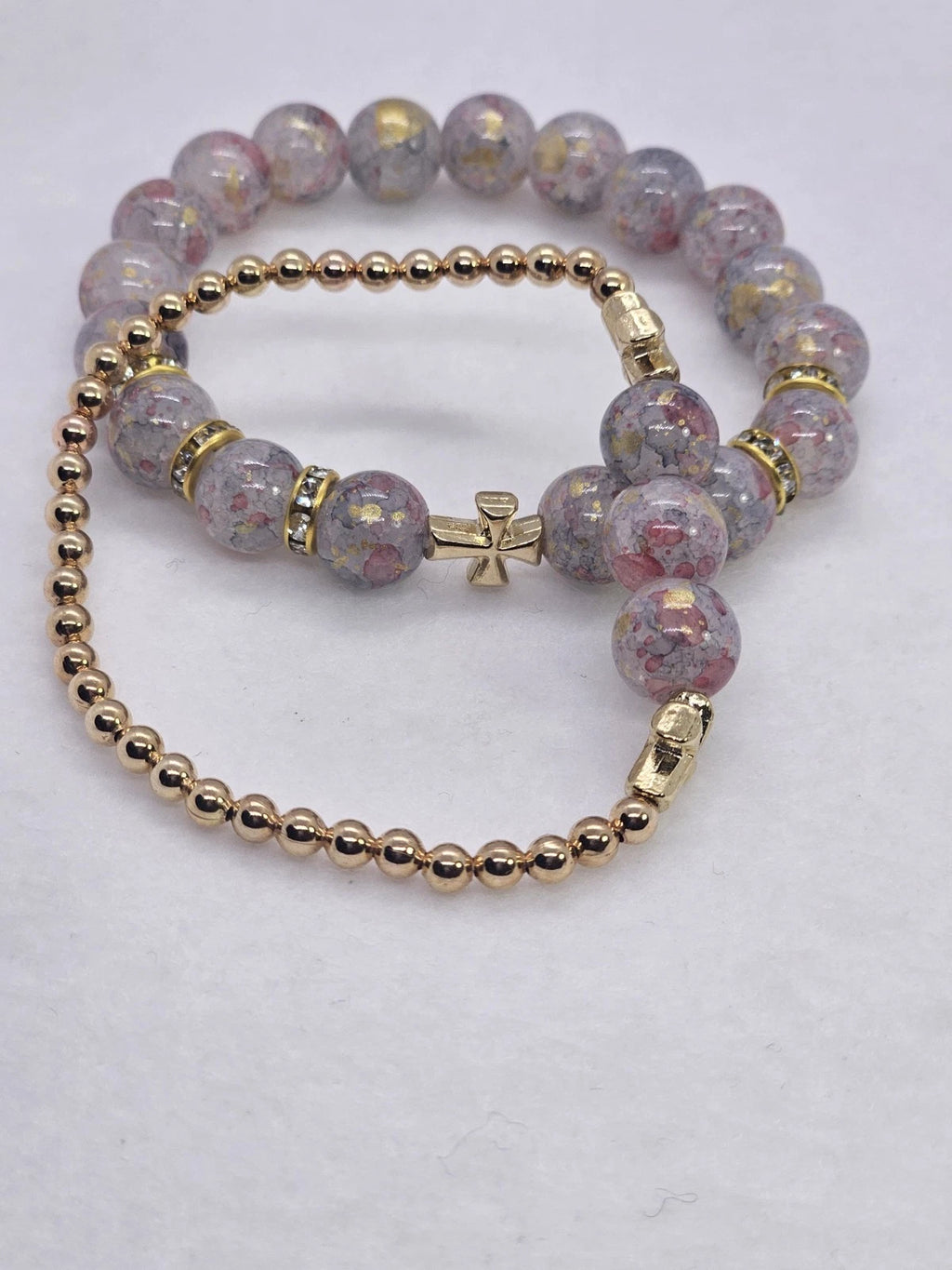Gold Tone Pink Round Beaded Stretch Bracelet w/ Cross Charm 7"
