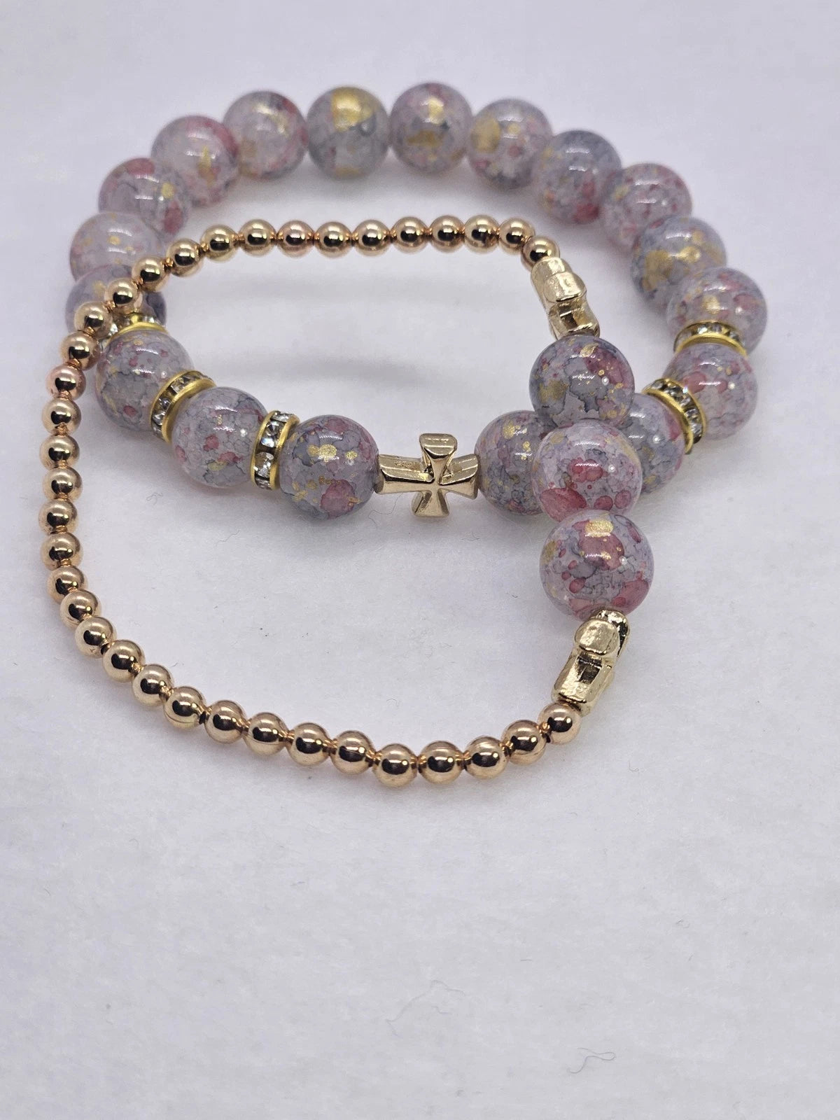 Gold Tone Pink Round Beaded Stretch Bracelet w/ Cross Charm 7"