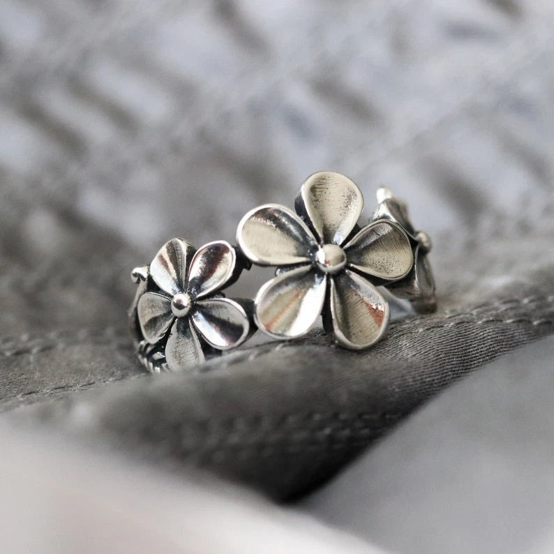 925 Sterling Silver Flower Ring Vintage Daisy Band Women Gift Jewelry