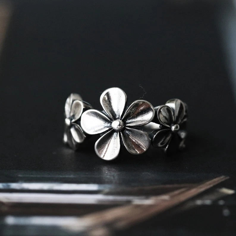 925 Sterling Silver Flower Ring Vintage Daisy Band Women Gift Jewelry