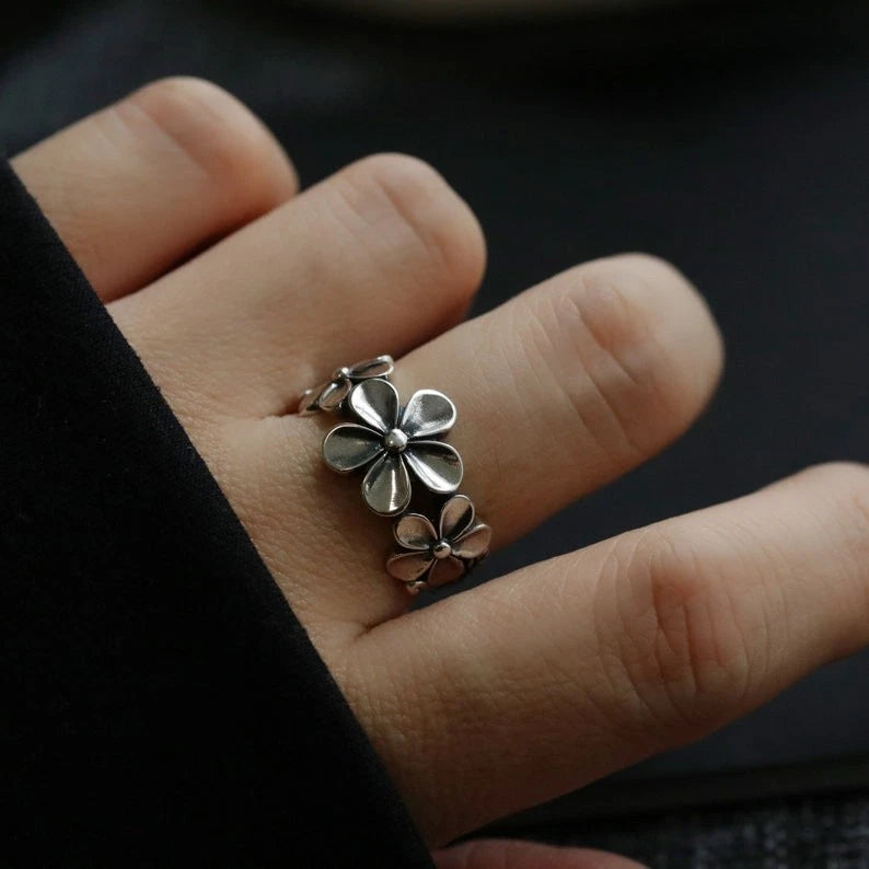 925 Sterling Silver Flower Ring Vintage Daisy Band Women Gift Jewelry