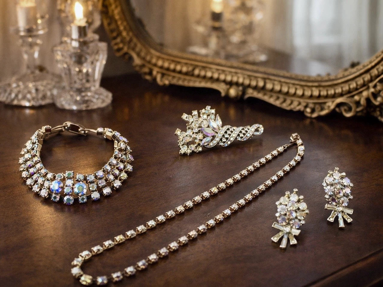 VTG Aurora Borealis Rhinestone Parure Set 50s Necklace Bracelet Brooch Earrings