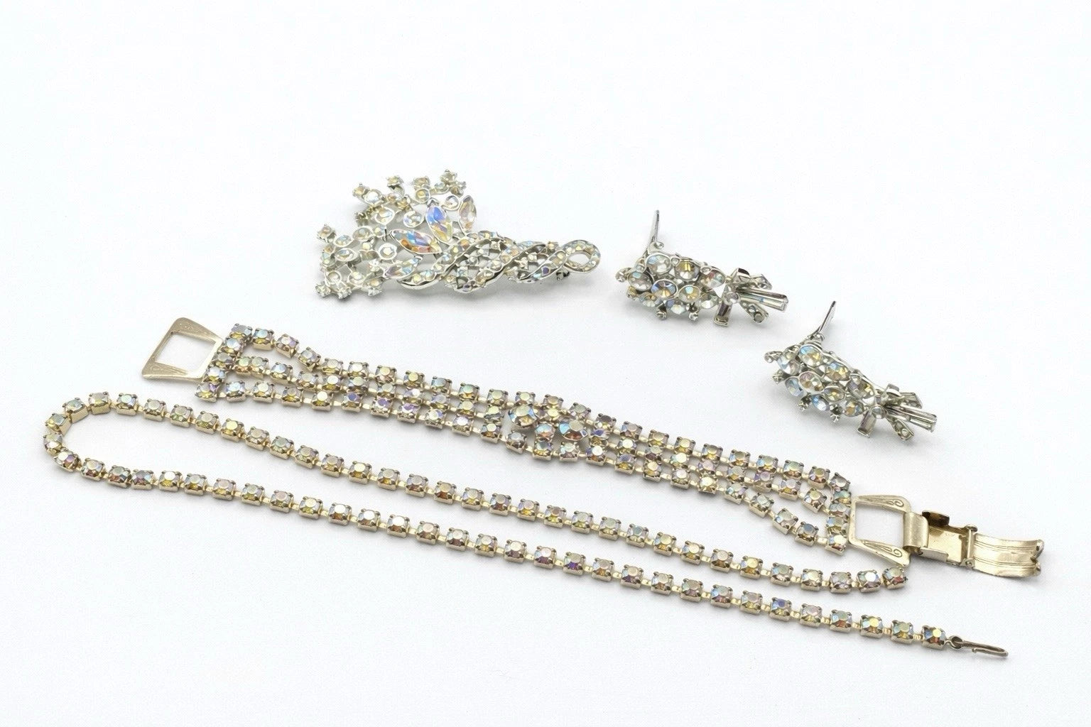 VTG Aurora Borealis Rhinestone Parure Set 50s Necklace Bracelet Brooch Earrings