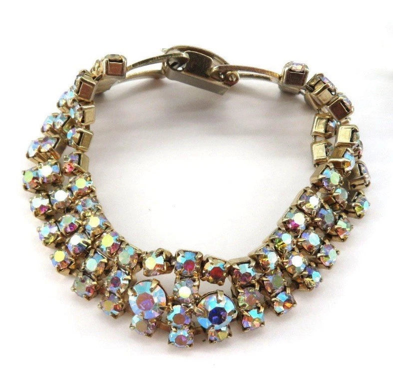 VTG Aurora Borealis Rhinestone Parure Set 50s Necklace Bracelet Brooch Earrings