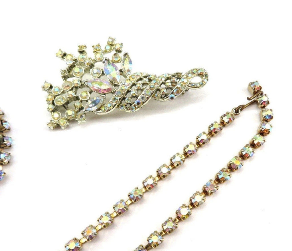 VTG Aurora Borealis Rhinestone Parure Set 50s Necklace Bracelet Brooch Earrings