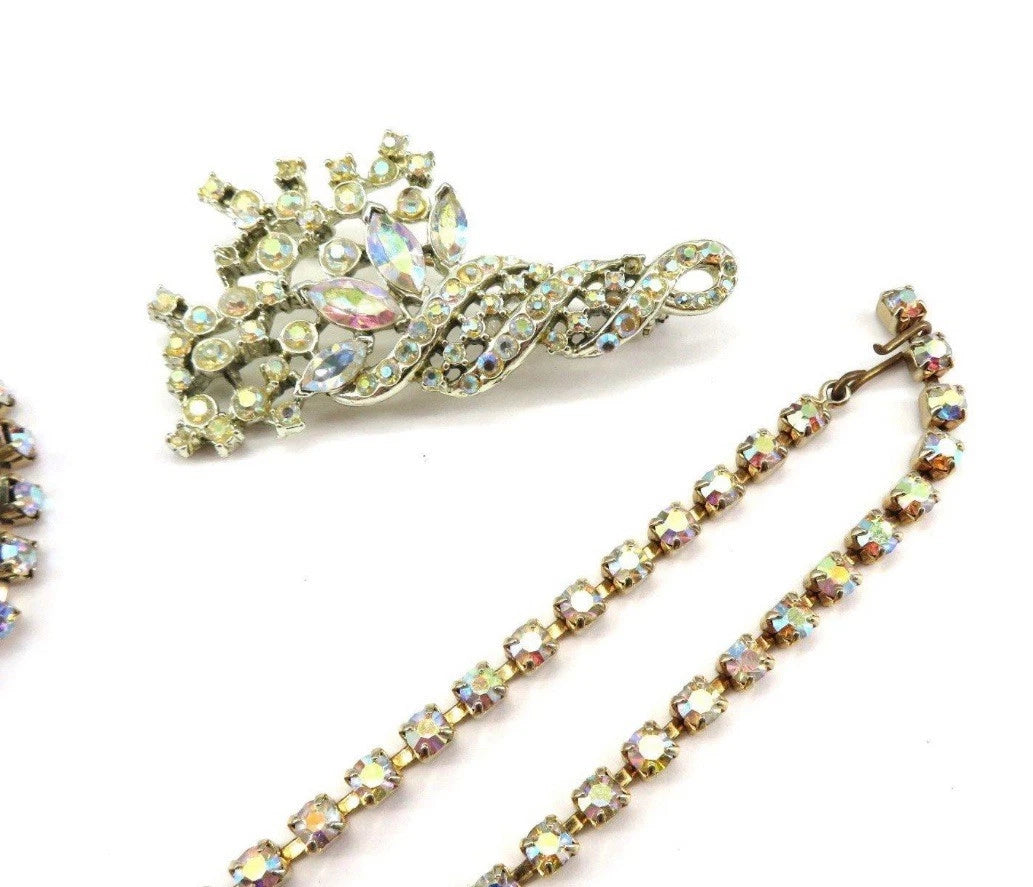 VTG Aurora Borealis Rhinestone Parure Set 50s Necklace Bracelet Brooch Earrings